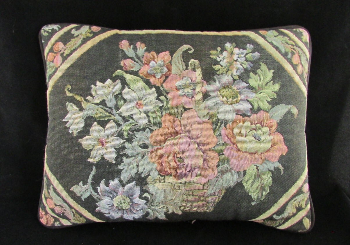 Colorful Tapestry Pillow Vintage Black Floral by 4RLoveOfOldAndNew