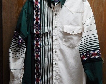 Wrangler Mens Medium Western Shirts Southwestern Rodeo Cowboy Green and White