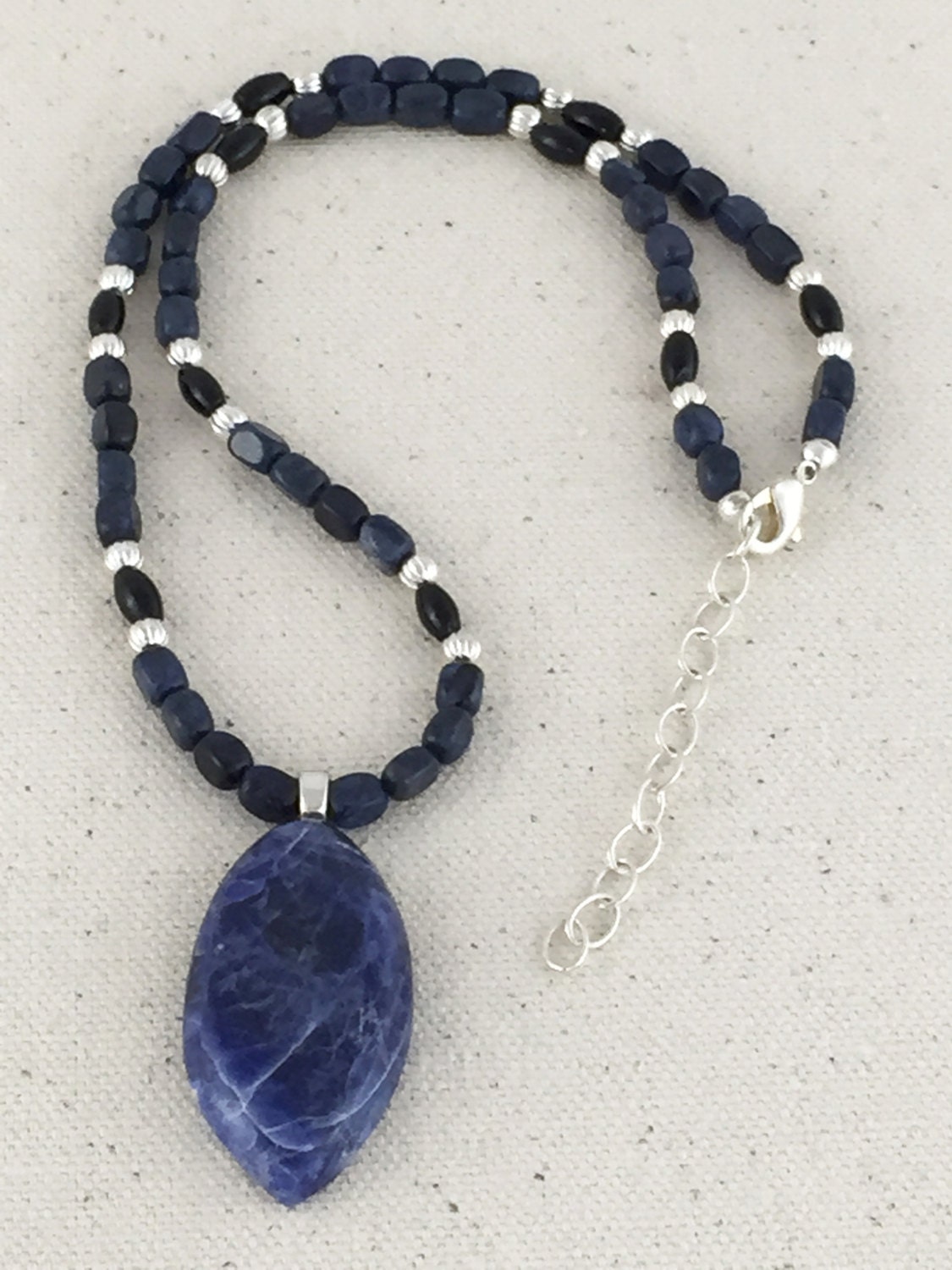 Dark Blue Sodalite Pendant Necklace on Beaded Strand of Black