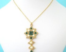 Pearl and emerald pendant, tudor necklace, renaissance pendant, swarovski pendant, emerald swarovski, medieval jewelry, green and gold,