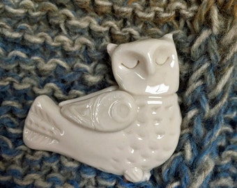 Owl Porcelain Shawl or Sweater Pin, handmade clay knitting accessory