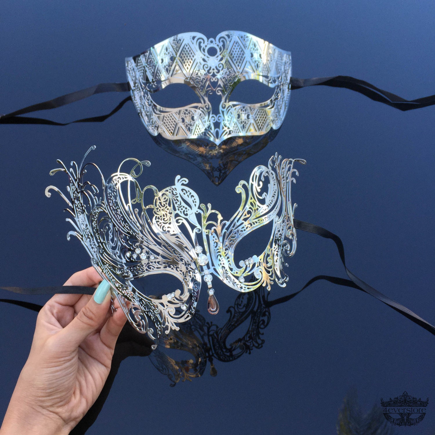 His & Hers Couples Masquerade Mask Silver Filigree Metal