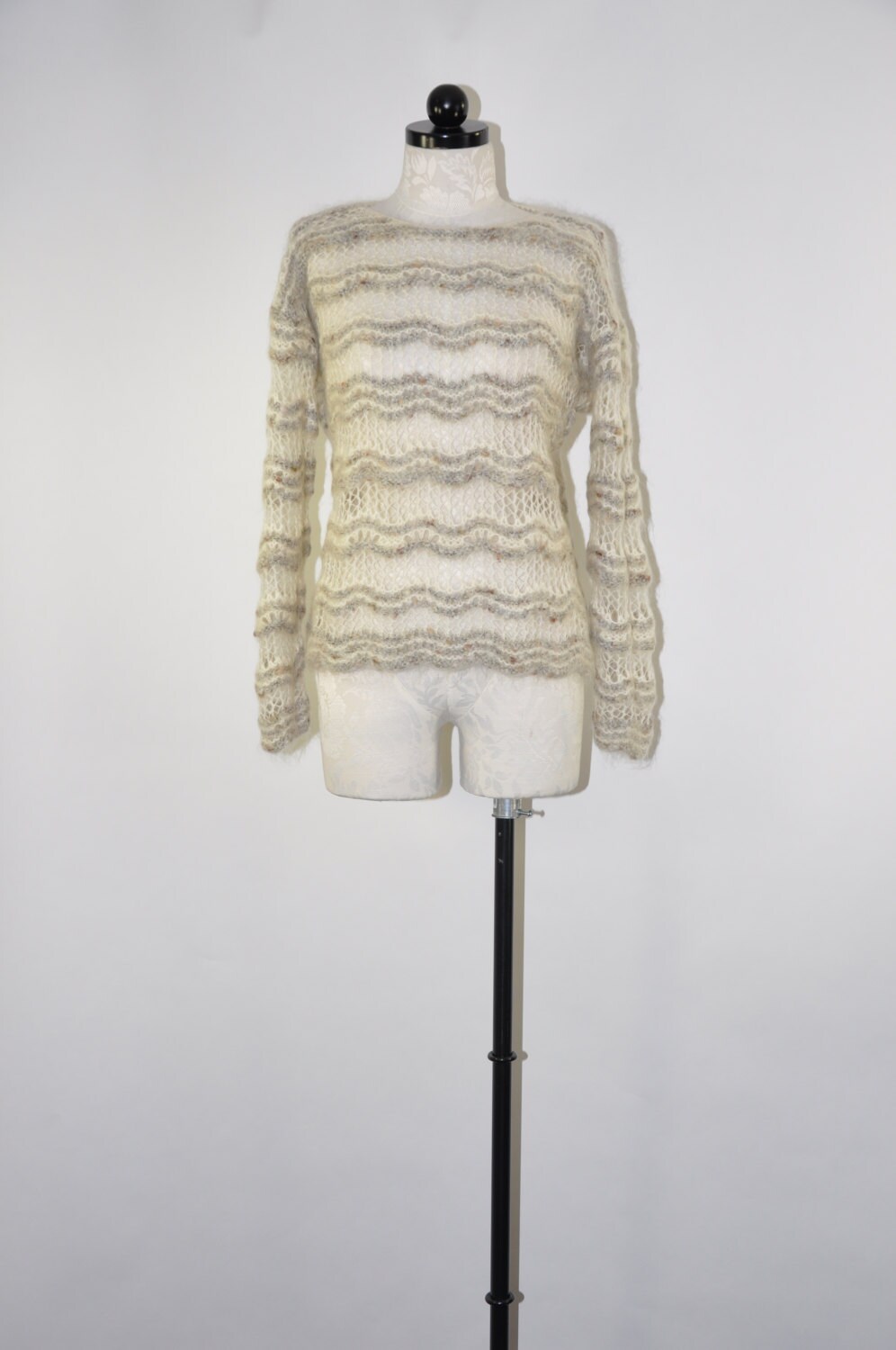gray striped mohair sweater / fuzzy netting sweater / 90s