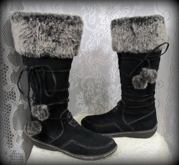 Womens black boots Black fur boots Women's by loverleesdesigns