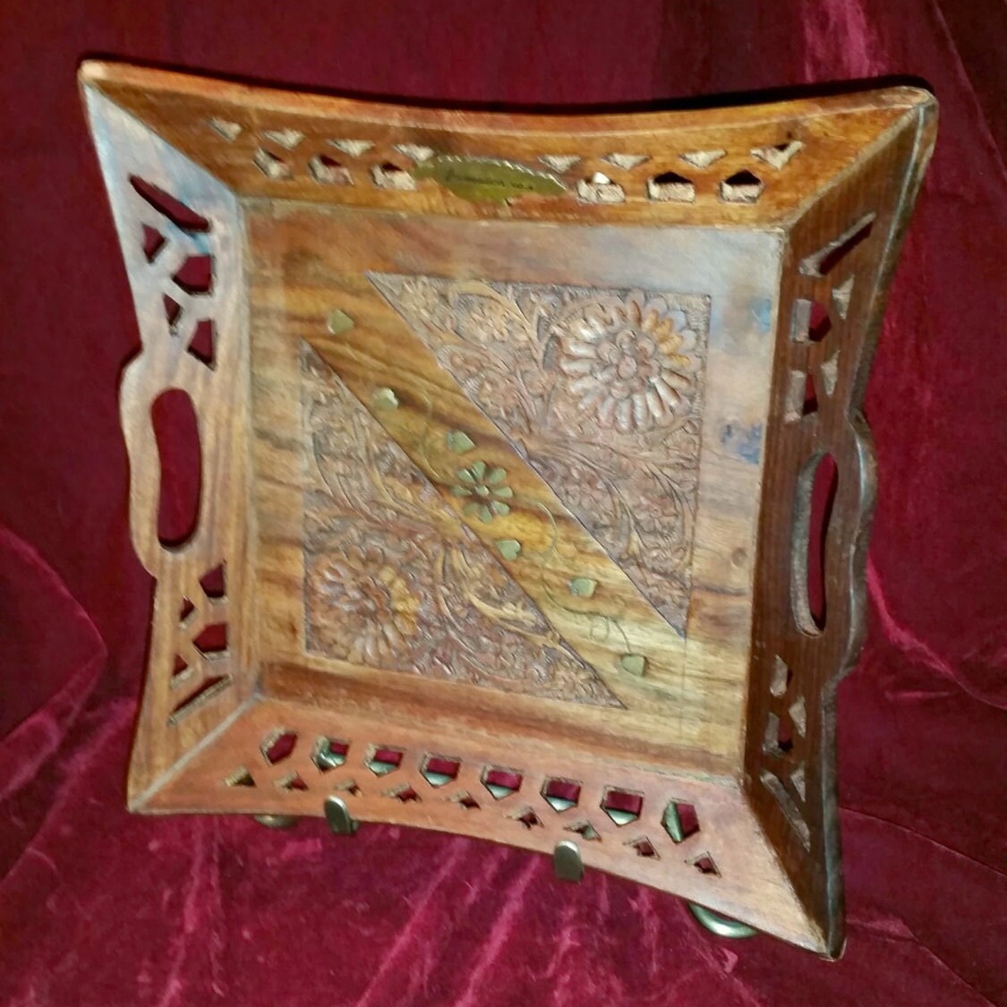 Hand Carved Brass Inlaid Wood Serving Tray with Handles Haute Juice
