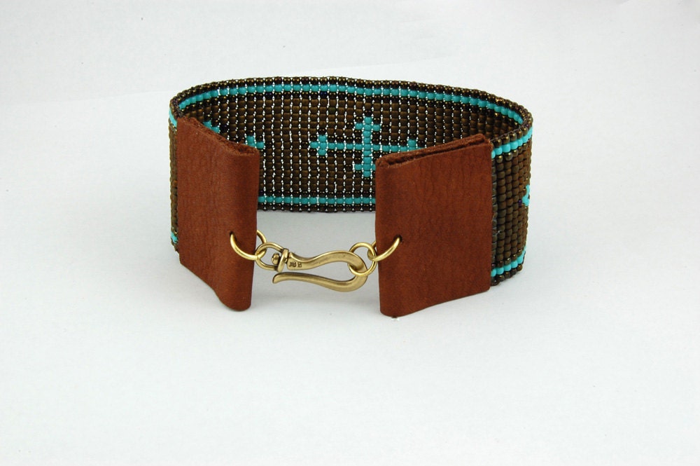 Loom beaded bead loom leather bracelet by LaddertotheSky on Etsy