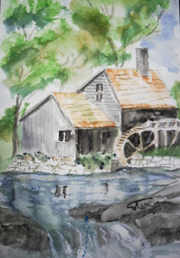 Water Mill painting original watercolor 5.5 by 8.5 inches