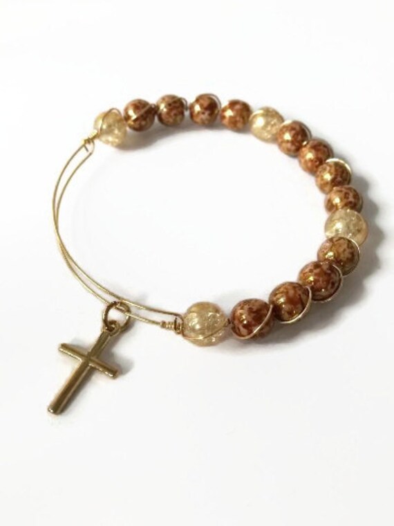 Brown Marble Beaded Bracelet Religious Bracelet Gold Cross