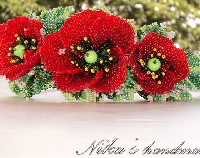 Women's flower grecian Headband with Red Poppies made of czech beads in Ukrainian ethnic style