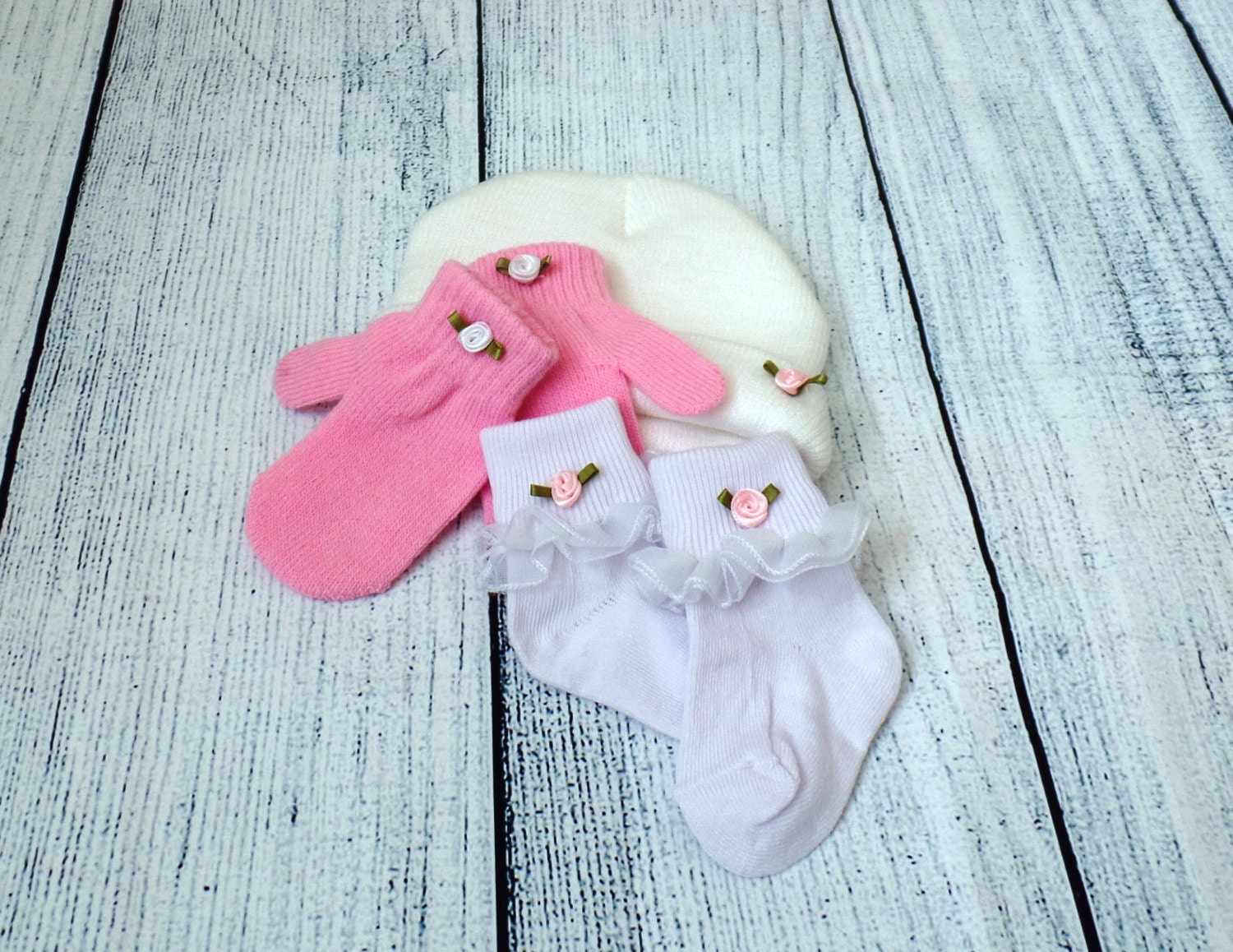New Born Baby Girl Lace Socks MittenHat Set Baby by uptowngirlco