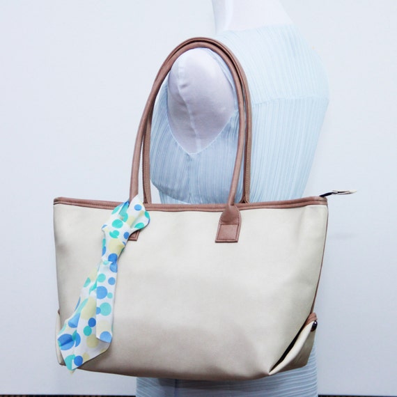LARGE MONOGRAM MOTHERS tote bag, Faux leather cream shoulder bag ...