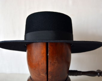 Black Bolero - Wide Brim Flat Crown Wool Felt Bolero Hat - Men Women