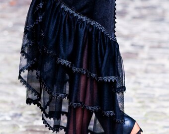 Elegant GOTHIC VAMPIRE Victorian Burlesque Glamour extra long SKIRT black ellegant fabric and delicate tulle, front shorter than back
