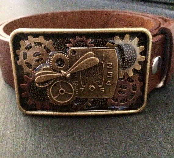 Steampunk Dragonfly Clock & Gear Belt Buckle