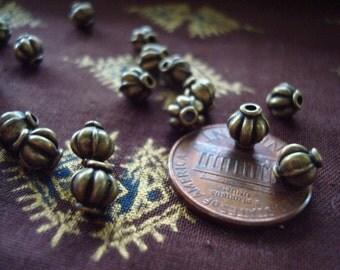30 Extra Lg Antique Bronze Lantern Spacers. 6x6mm Narrow Neck. Deep Fluted Ribs. Lovely Gathered Renaissance/Vintage Style. ~USPS Ship Rates