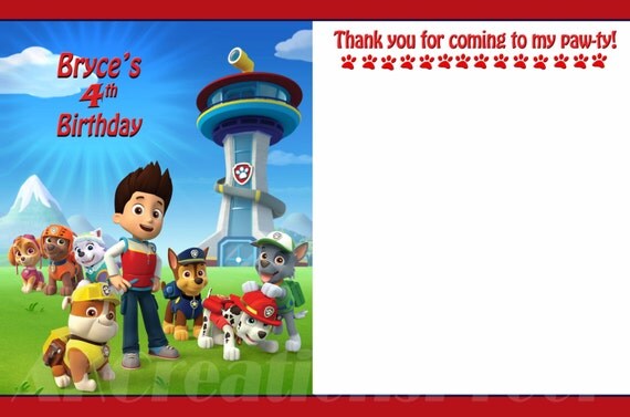 Paw Patrol theme Thank You Cards Personalized by AlyKaneCreations