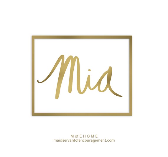 Items similar to Mia, Gold Baby Girls Name Art Printable with