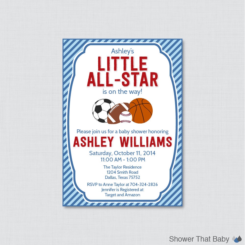 Sports Themed Baby Shower Invitation Printable or Printed