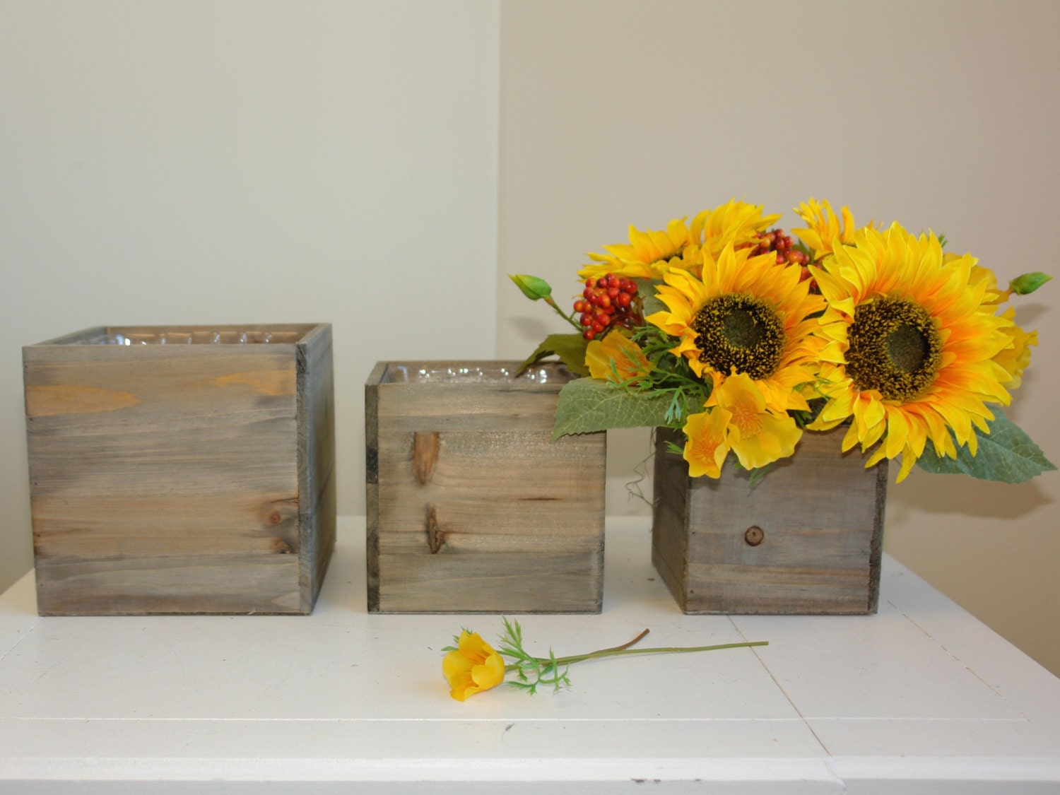 wood vases wood boxes square sunflowers reception