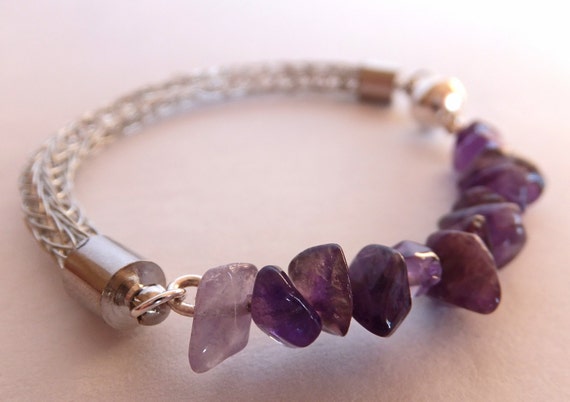 Silver Plated Viking Knit Artisan 'Petite' Bracelet with Real Amethyst Chips and Magnetic Clasp - MADE TO ORDER