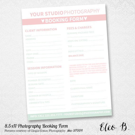 Items Similar To 8 5x11 Photography Client Booking Form Template Studio Package Photography Photography Booking Form Template Free