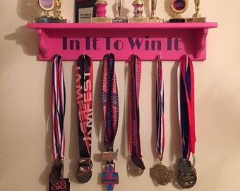 Handmade wooden medal holder and trophy rack shelf,In it to win it, Perfect medal display rack to show off your awards