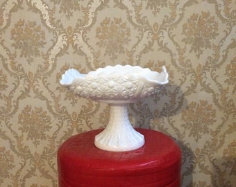 FREE SHIPPING Vintage Fenton Milk Glass Pedestal Compote, Dessert Plate, Cake Plate, Pre-1970