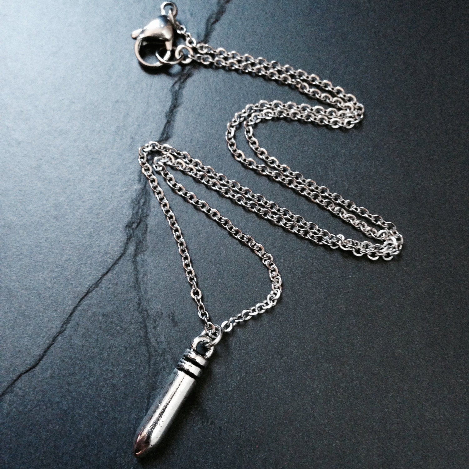 Silver Bullet Necklace Charm Pendant on 18 Stainless