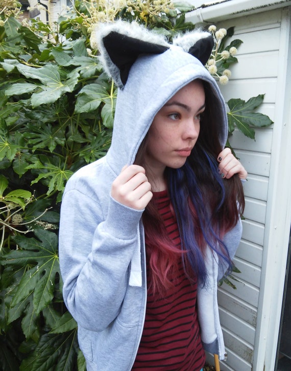 Grey Wolf  Hoodie  medium fluffy ears 