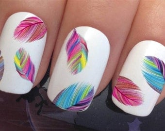 nail decals #619 multi rainbow feathers plumes water transfers stickers manicure art set x20