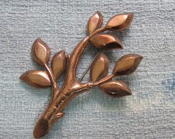 Mid-century copper-tone detailed tree & leaf brooch, stamped RENOIR