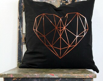 Geometric heart pillow cover, Metallic copper on black cushion cover, copper and black throw pillow, black, copper decor, teen bedroom decor
