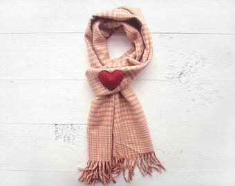Cotton Scarf, Pied de Poule Scarf, SALE, CHRISTMAS GIFT, Holiday Gift, Heart Brooch, Special Gift, Gift For Her, Hearts, Xmas Gift, Tassels
