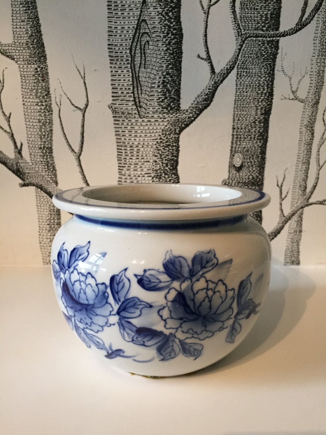 Small Ceramic Asian Flower Pot Blue and White by ...