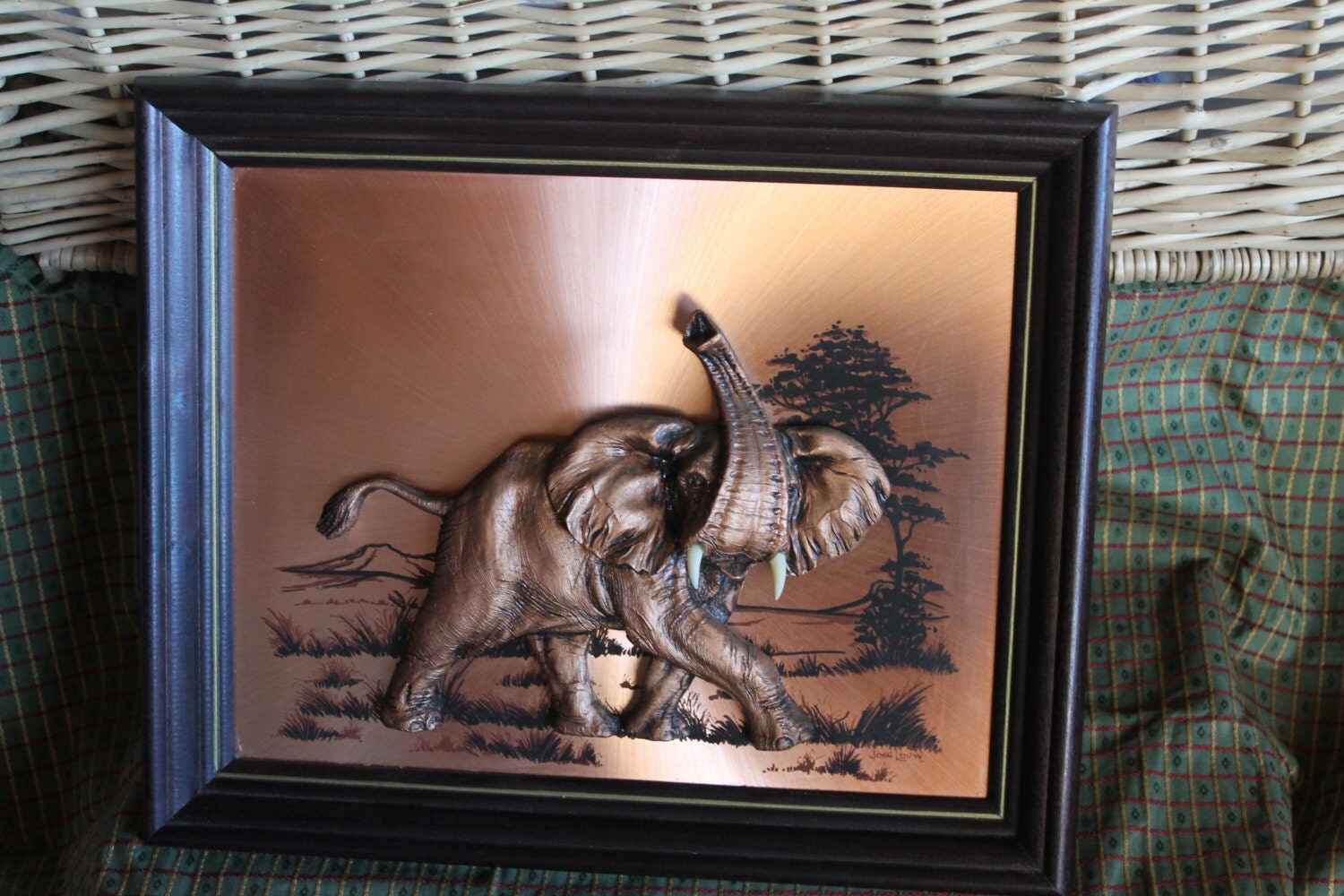 JOHN LOUW artist signed 3D Elephant copper picture.Copper