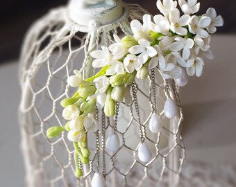 bridal hair clip, wedding headpiece, bridal hair piece, faux pearls, floral hairpiece, alligator hair clip