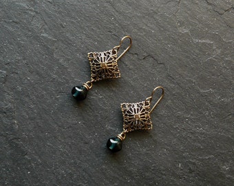 Blue brass earrings, vintage earrings, earrings Czech glass beads, filigree earrings, blue earrings, filigree earrings