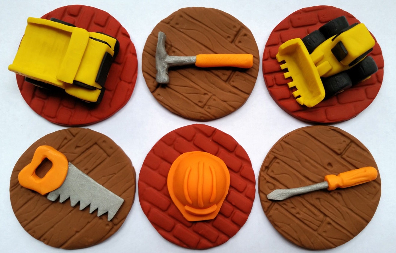 Set of 12 Construction Themed Fondant Cupcake Toppers