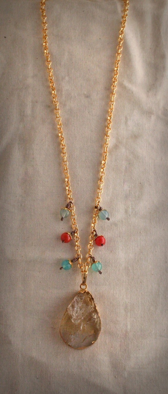 Gold Necklace with Pale Yellow crystal quartz pendant by TatvaArt