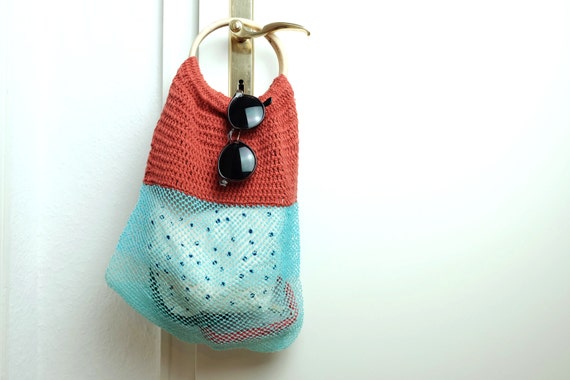 Vintage Summer Knitting Handbag  round Rattan strap  Red brown ...