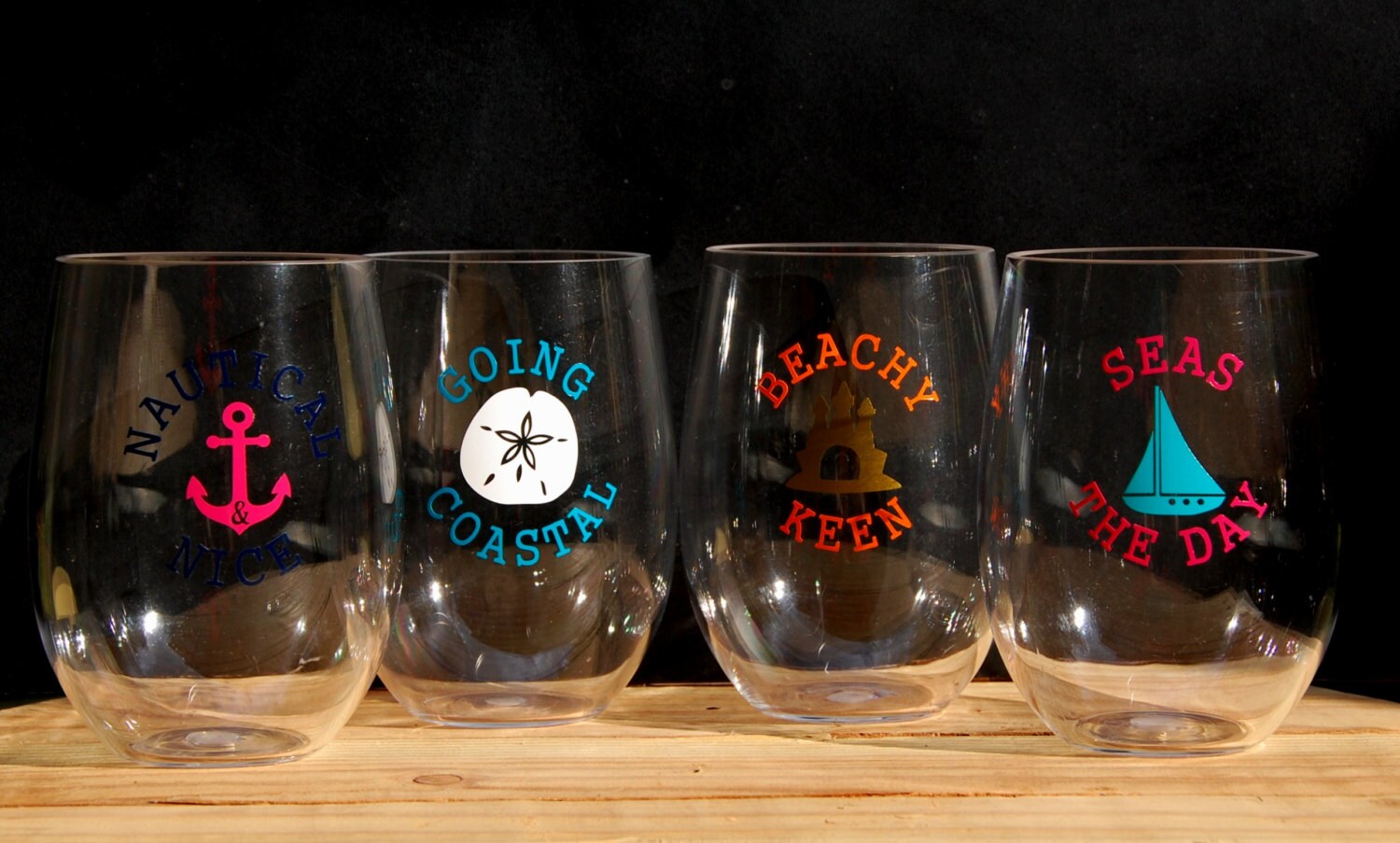Set of 4 four Beachy Acrylic Wine Glasses Personalized Beach
