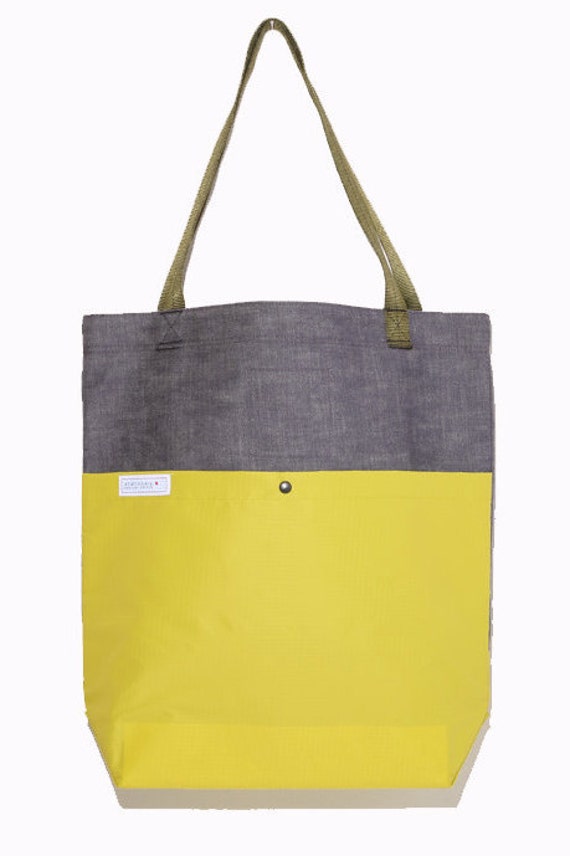 Pocket Tote Bag  grey cotton denim with citron by StationaryLA