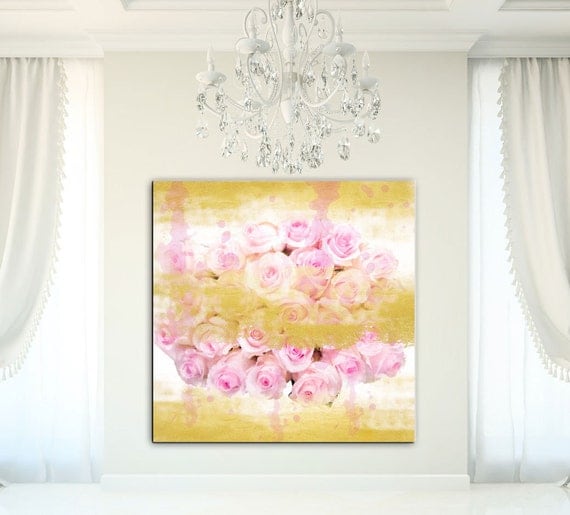 Items similar to Large Floral Canvas Wall Art Print, Gold Canvas, Gold