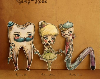 Gang-Rene - articulated paper dolls - set of three assembled paper poppets - renegades and outlaws - by KarolinFelix