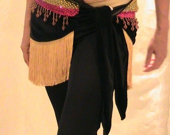 Belly dance Hip scarf in black velvet with shimmering gold and pink, pink beads and golden yellow fringe