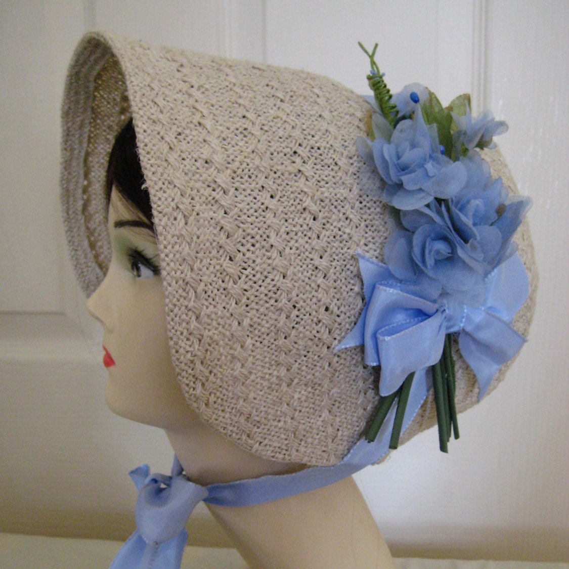 Regency/Victorian Straw Bonnet. Jane Austen. Handmade. Blue