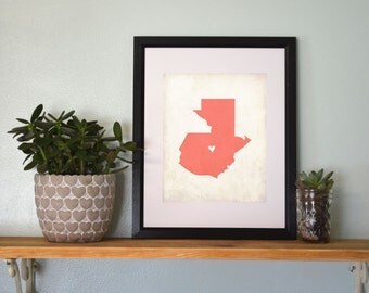 Guatemala Rustic Country Map. Personalized Guatemala Art. Country Wedding Map. Wedding Gift. Honeymoon Gift. 8x10 Art Print.