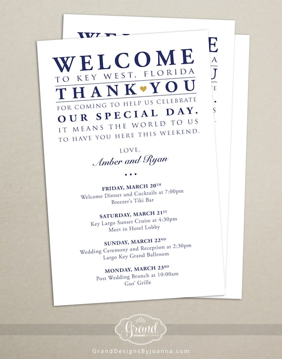 Itinerary Cards for Wedding Hotel Welcome Bag Printed