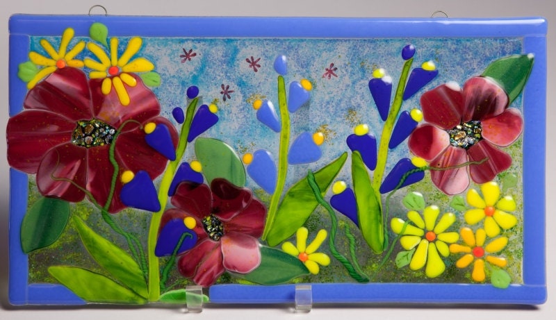 Fused Glass Wall Art Panel Garden Floral With Fireflies