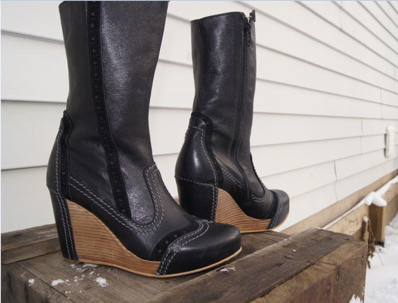 ... 38 Eu Women's, Black leather and suede wedge boots ~ Fly London, Fly